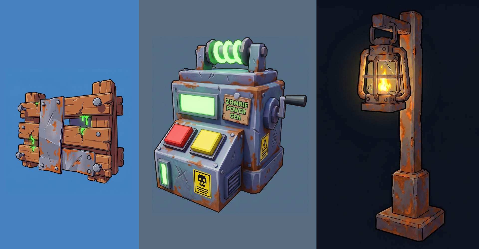 Examples of Roblox low-poly 3D assets: zombie barricade, power generator, and rusted lantern post