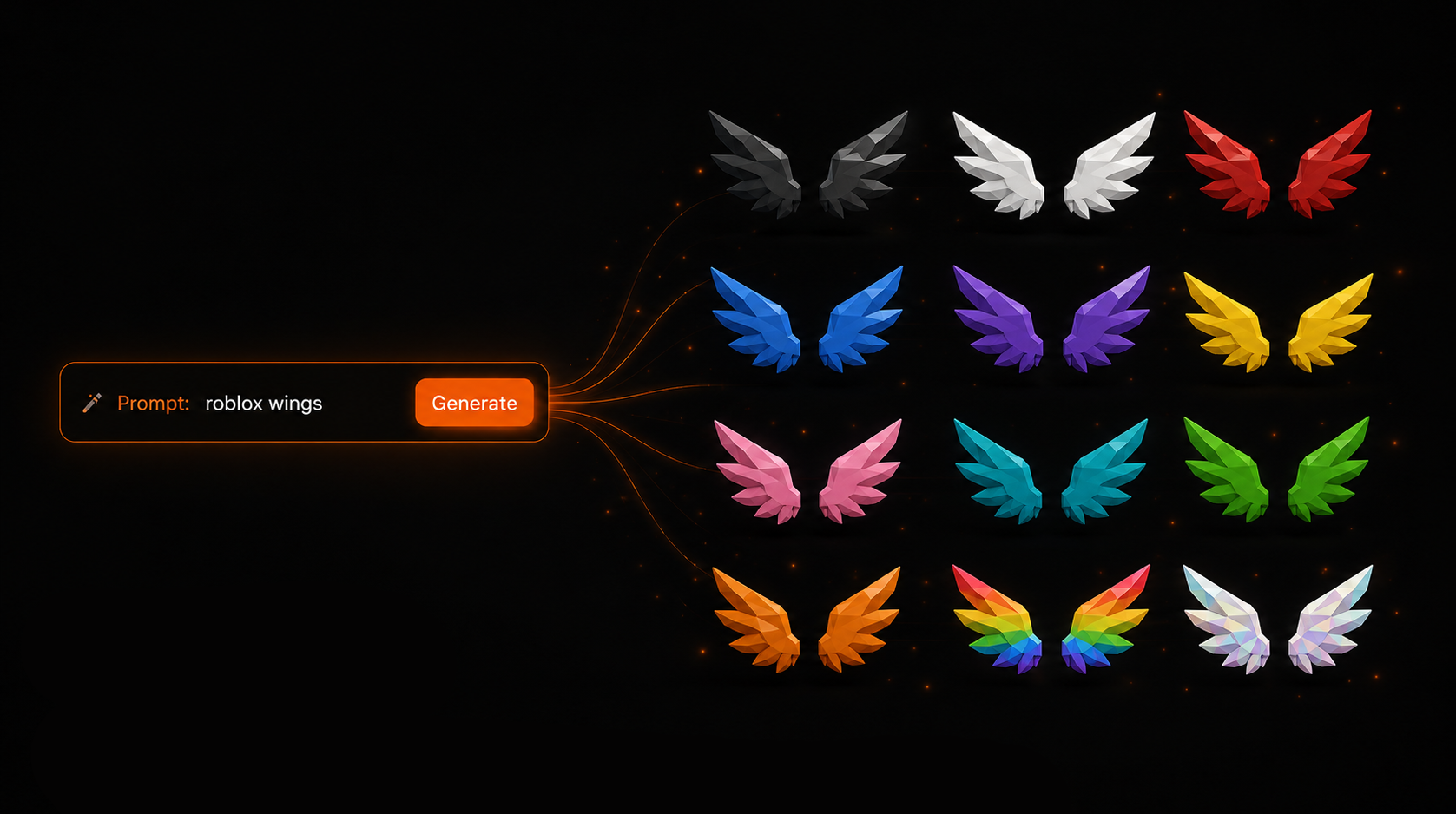 Dozens of AI-generated Roblox wing variations from a single prompt